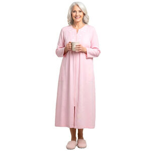 MISS ELAINE Pink Embossed Cotton Robe Zipper Kaftan House Dress 3/4 Sleeve L
